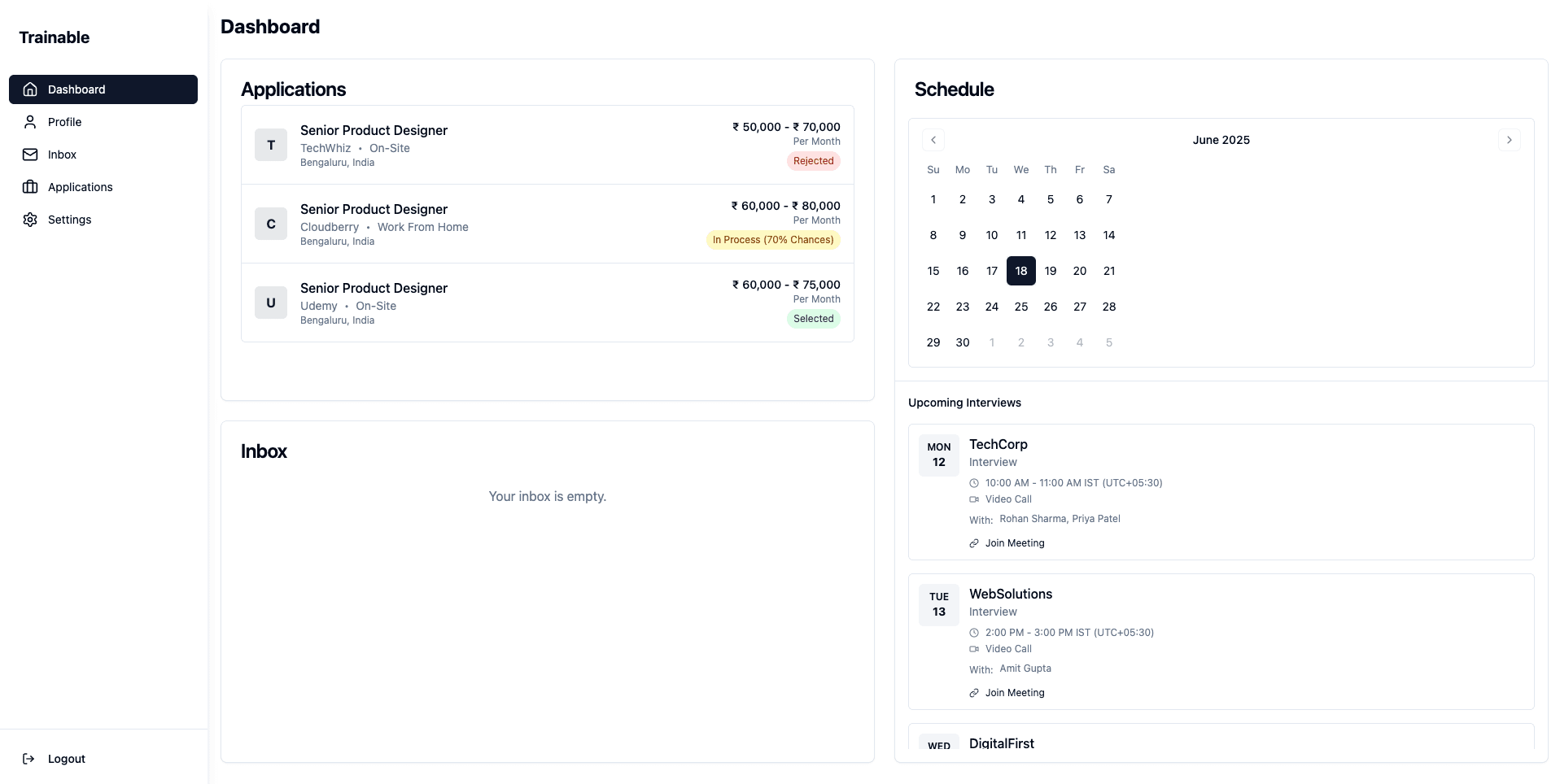 Dashboard showing job applications and status