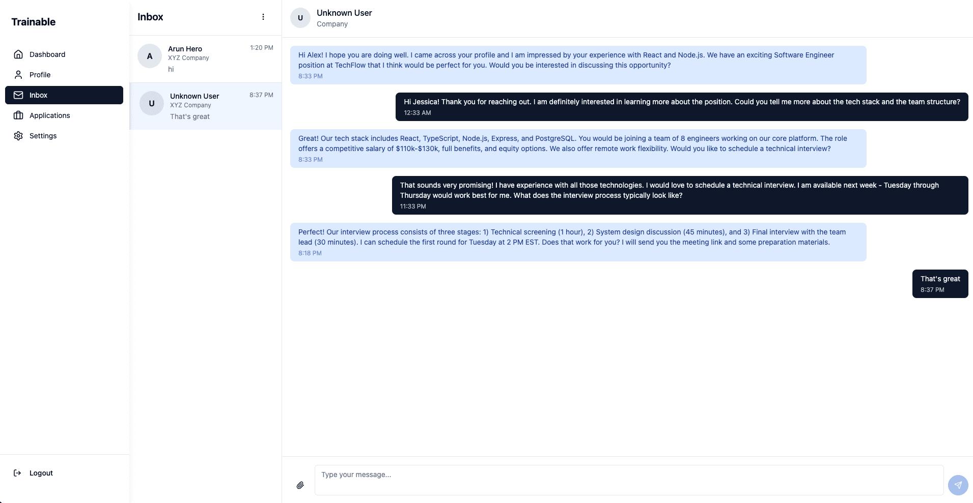 Messaging interface with recruiters