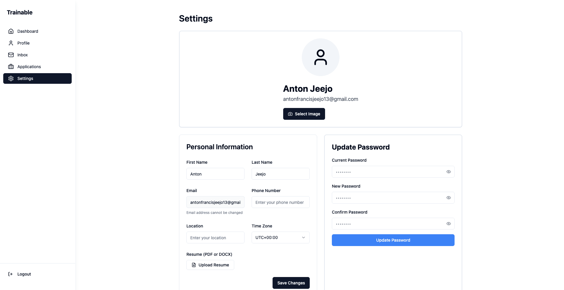 User profile and settings page